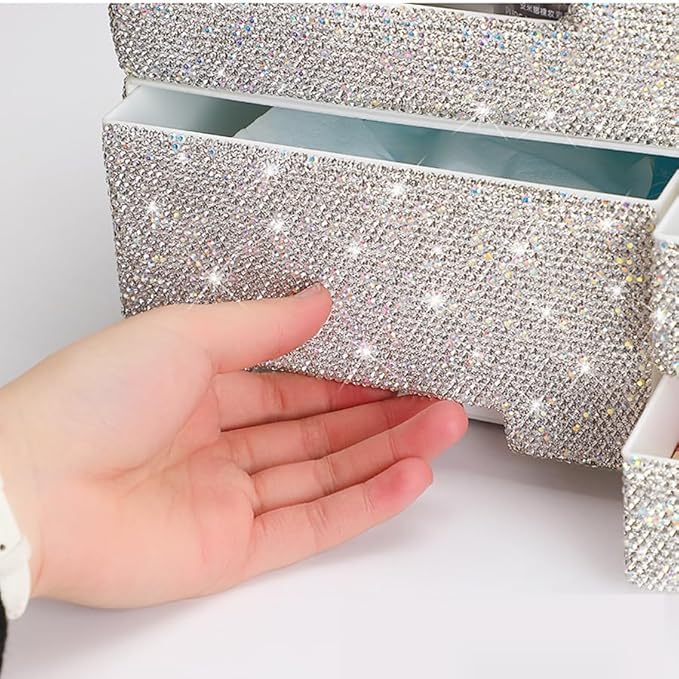 Luxury Bling Rhinestone Multi-functional Makeup and Daily Necessities Storage Box Organizer with Drawers - Large Capacity, Versatile Desktop Cosmetic Organizer (Silver)