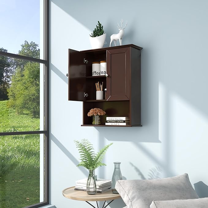 VANIRROR Bathroom Wall Cabinet Expresso Over Toilet Storage - 24x30 in Above Toilet Wood Medicine Cabinet with Adjustable Shelf & 2 Door Mounted Wall Cabinet