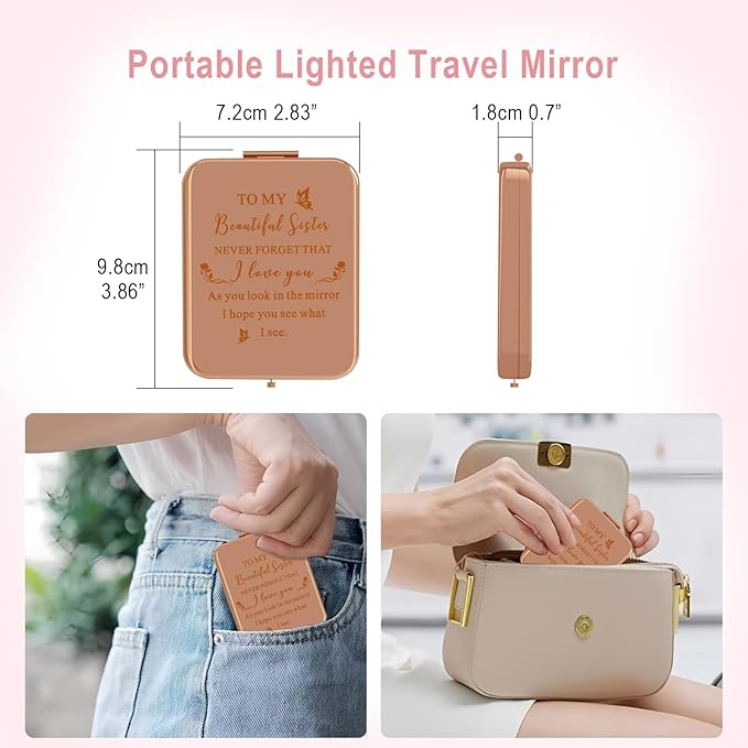 Sister Birthday Gifts Compact Mirror with Light, Sisters Gifts from Sister, Birthday Gifts for Sister from Sister Brother Friend for Her, Rechargeable Lighted Travel Makeup Magnifying Mirror