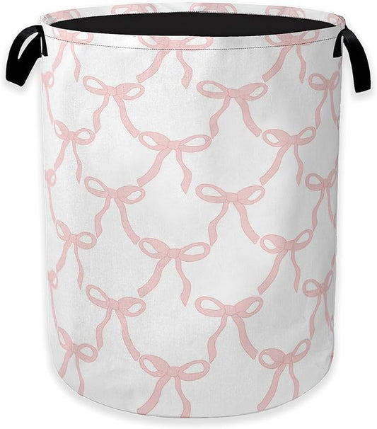 Pink Bow Laundry Basket,Princess Girls Clothes Hamper,Oxford Cloth Collapsible Nursery Hamper Storage Organization for Bedroom,Bathroom,Office,College Dorms,16x20 Inch
