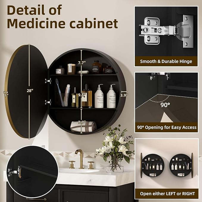 28 x 28 Inch Round Medicine Cabinet with Mirror,Gold Circular Bathroom Cabinet Wall Mounted,Metal Framed Mirror Medicine Cabinet with Adjustable Shelves for Bathroom Vanity