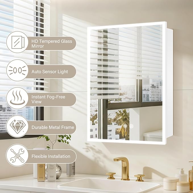 LED Medicine Cabinet,Recess Mirror Cabinet for Bathroom,3 Color,Dimmable,Demister, Detachable Side Panel for Recess Mount or Surface Mount,USB Shaver Socket, Internal Lighting,16x24inch,White