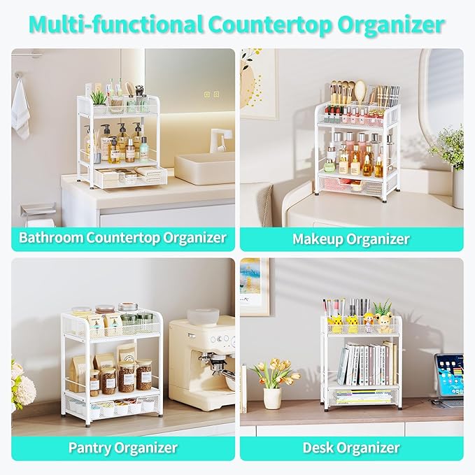 HapiRm Makeup Organizer Countertop with Drawer - Large Capacity Vanity Organizer with Dividers, Bathroom and Bedroom Desk Cosmetic Display Case for Storage Skincare, Makeup Brush, Dresser, Perfume