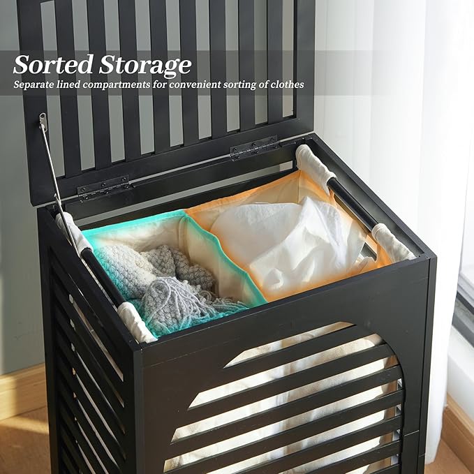 Laundry Hamper with Lid,Bamboo Large Waterproof Clothes Laundry Basket,Removable Washing Bags with Handles,clothes basket (Black)