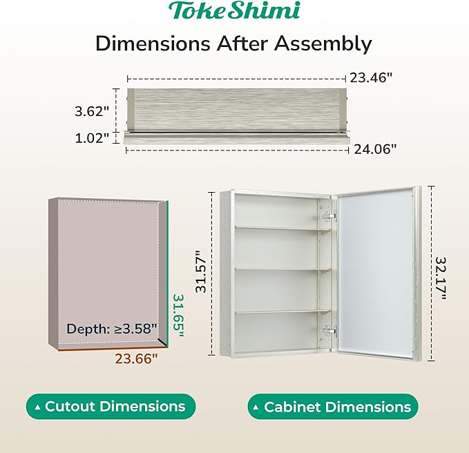 TokeShimi 24 x 32 Brushed Nickel Medicine Cabinet with Mirror, Assembly Required, Bathroom Mirror Medicine Cabinet Wall Mounted, Lightweight, Stepless Adjustable Shelves, Beveled Aluminum Frame