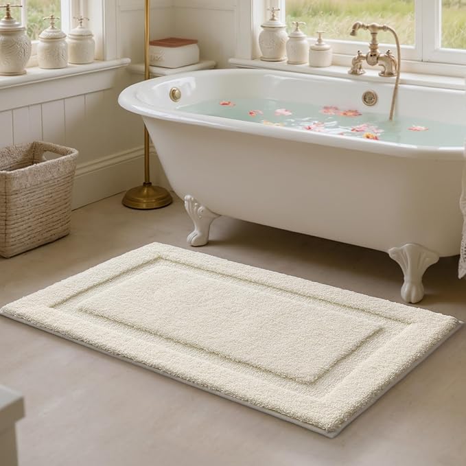 LUMI Ultra Soft Bathroom Rugs Non Slip with Rubber Backing, Absorbent Washable Bath Mat Quick Dry, Upgraded Premium Microfiber Plush Carpet for Bathtub and Shower Floor, Ivory White, 24x60