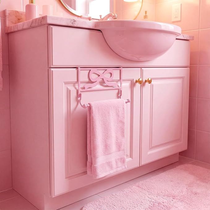 Cabinet Door Towel Holder Pink Bow Over The Cabinet Cupboard Door Towel Rack Metal Decorative Kitchen Dish and Hand Towels Bar Holder Coquettish Preppy Decor for Bathroom Kitchen