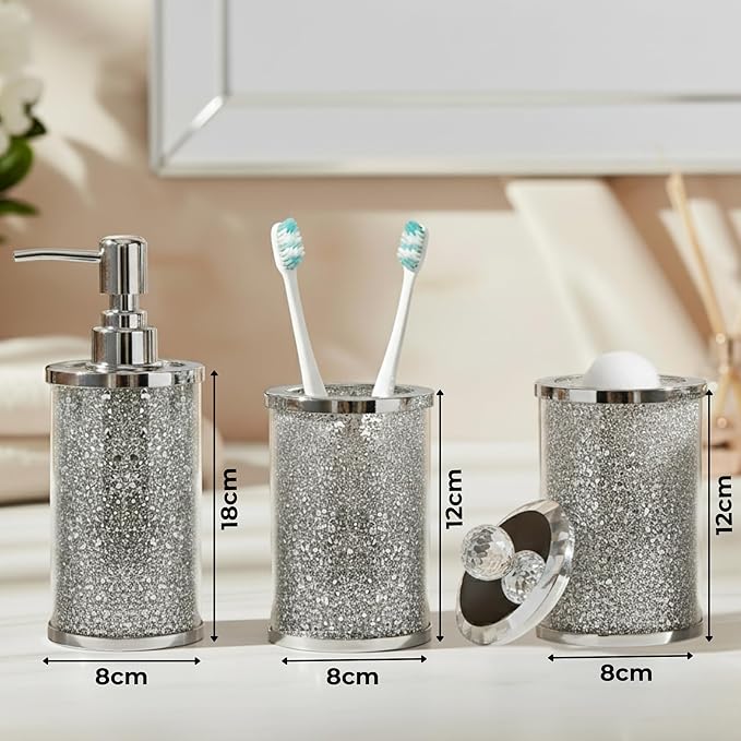 Escenzy Crushed Diamond Glass Bathroom Accessories Set 3 Pcs | Silver Crystal Soap Dispenser and Toothbrush Holder Set with Tumbler | Modern Bathroom Accessory Set and Vanity Organizer