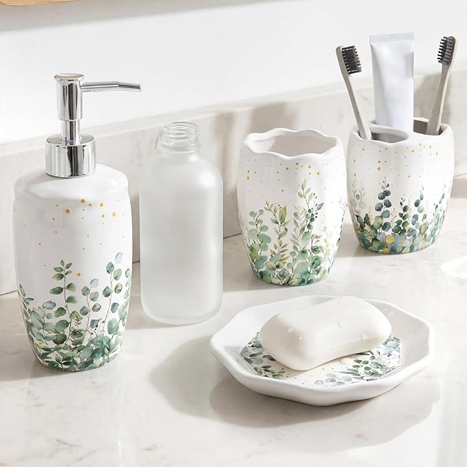 Newtay Sage Bathroom Accessories Set 4 Piece, Ceramic Soap Dispenser with Pump, Toothbrush Holder, Tumbler Cup & Soap Dish, Botanical Greenery Countertop Decor, White with Gold Speckles