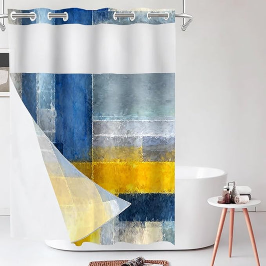 Shrahala Brown Abstract Art No Hooks Shower Curtain with Snap in Liner Set, Grey Contemporary Colorful Bathroom Décor Polyester Fiber Waterproof for Stall Bathtubs 54 X 80 in