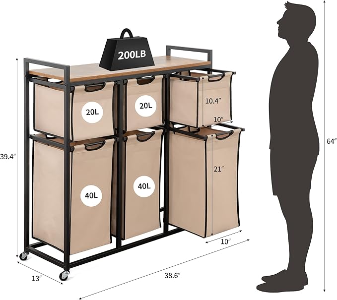 Suntage Laundry Basket Organizer, Hampers for Laundry 6 Compartments, Laundry Hamper with 6 Sliding Laundry Sorter Bags, Top Storage Shelf, and Metal Frame (6 Compartments)