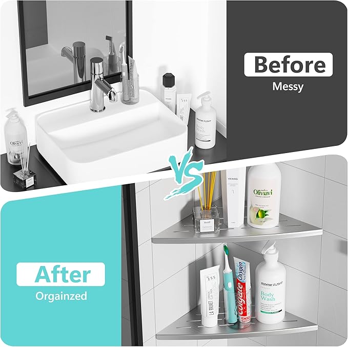 Qeke Corner Shower Shelf Brushed Nickel, 304 Stainless Steel 11.5” Recessed Corner Shelf Bathroom for Tiled Wall, Floating Shower Shelves Shampoo Holder, No Drilling, 2 Pack