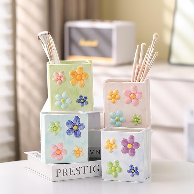 Ceramic Book Shaped Flower Pattern Cosmetic Storage Box, Desktop Organizers Make Up Brush Storage Stand Desktop Storage Box for Brush, Painting Brush (Light Purple)