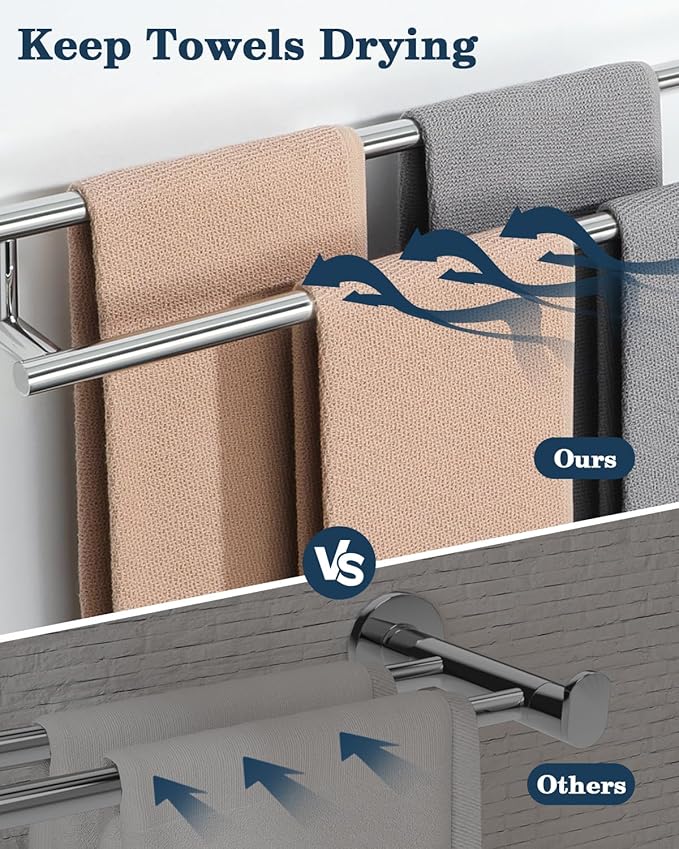 Alise Double Towel Bar Polished Chrome,24" Towel Rack for Bathroom Wall Mounted,Bathroom Towel Rack SUS304 Stainless Steel Bathroom Towel Holder Quick Drying Hand Towel Holder Towel Bar for Walls