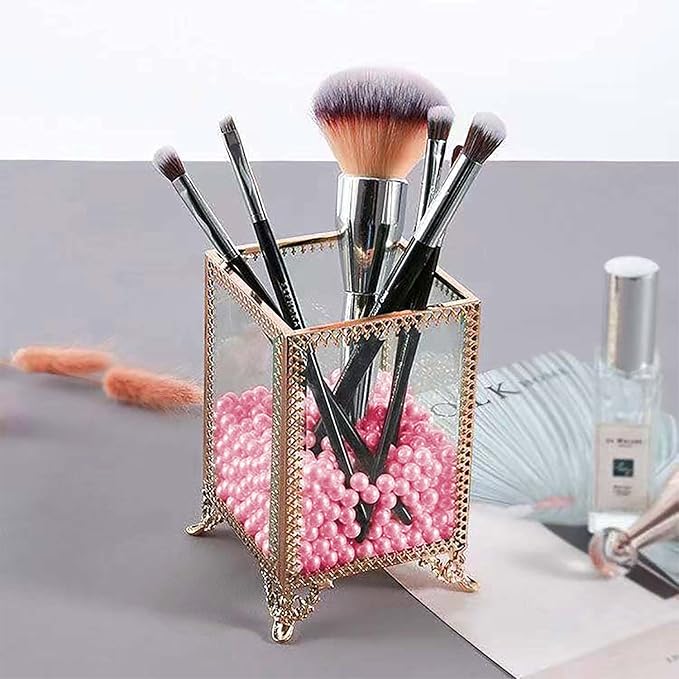 HKS Makeup Brush Holder Vintage Glass Handmade Organizer with Pink Pearls for Nail Brush, Vanity, Bathroom, Dresser, Countertop - Gold