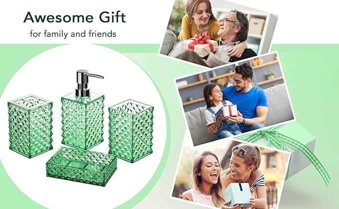 Bathroom Accessory Set, 4 PCS Green Bathroom Accessories Sets, Diamond Pattern Bathroom Soap Dispenser and Toothbrush Holder Sets Accessories Contain Soap Dish Tumbler, Boho Bathroom D??cor
