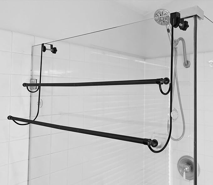 Insieme (29 x16x4.7 Inch) Towel Rack for Over Glass Shower Wall or Glass Shower Enclosure (Frameless or Frames up to 1.6" Thick). 2 Tier - Black- No Rust