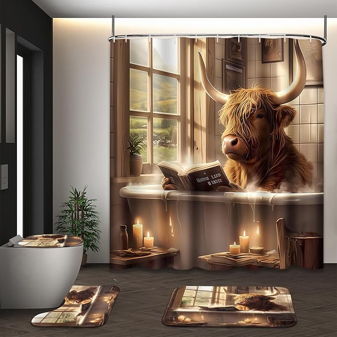 Highland Cattle Cow Shower Curtain Set with Toilet Lid Cover and Non-Slip Rugs, Funny 4 Pcs Shower Curtain with 12 Hooks, Farmhouse Bathroom Set with Rugs and Accessories