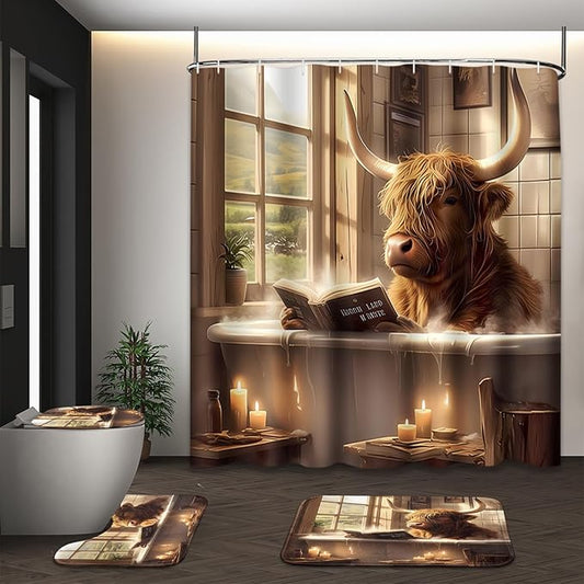 Highland Cattle Cow Shower Curtain Set with Toilet Lid Cover and Non-Slip Rugs, Funny 4 Pcs Shower Curtain with 12 Hooks, Farmhouse Bathroom Set with Rugs and Accessories