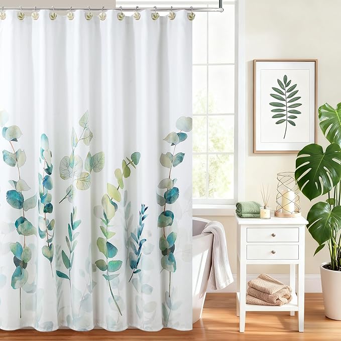 Green Blue Leaf Fabric Shower Curtain, Watercolor Eucalyptus Leaves Plant Shower Curtain, Waterproof Decorative Boho Botanical Bathroom Curtains, 72" W x 72" H