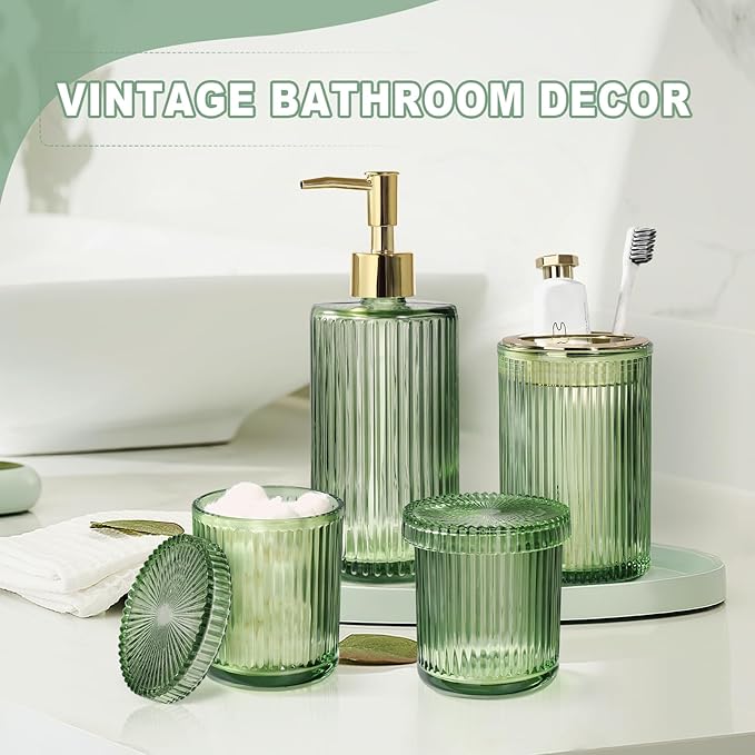 Green Glass Bathroom Accessories 4 Pcs, Green Bathroom Set, Soap Dispenser and Toothbrush Holder Set, Qtip Holder Set, Vintage Bathroom Sink Set, Cute Bathroom Decor