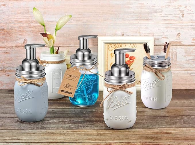 Mason Jar Bathroom Accessories Set(4pcs)- Jars Not Included - Foaming Soap Dispenser,Toothbrush Holder, and Apothecary Storage Jars Lids -Rustic Farmhouse Decor,Brushed Nickel