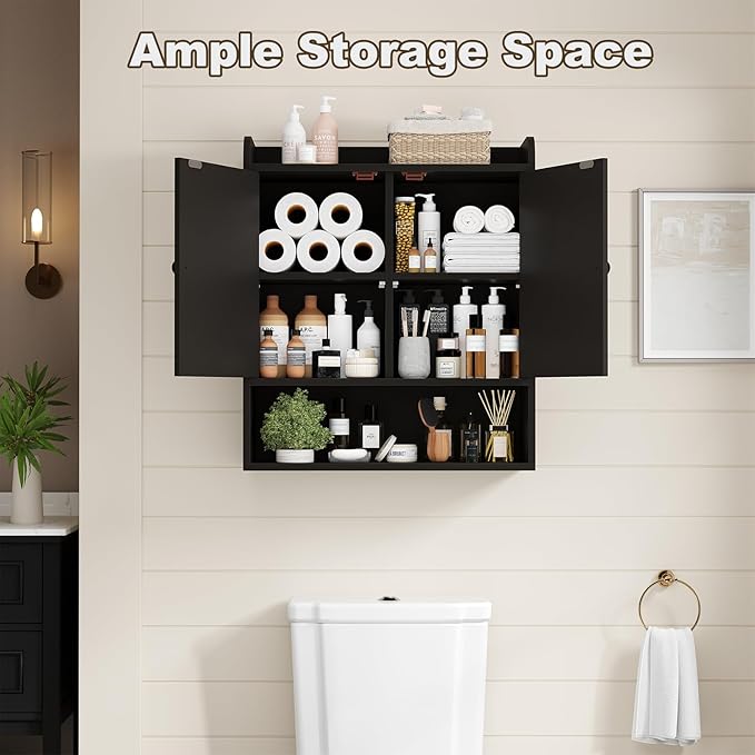 EasyCom 22" W x 26" H Bathroom Wall Cabinet, Farmhouse Medicine Cabinet with Adjustable Shelves and 2 Barn Doors, Over The Toilet Storage Cabinet for Bathroom, Kitchen, Living Room, Black
