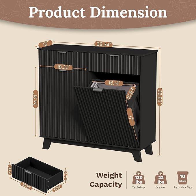 Double Tilt Out Laundry Hamper Cabinet, 20 Gallon Wooden Trash Can Cabinet with Storage Drawers, Hidden Fluted Garbage Can Holder for Kitchen, Living Room (Black, 39.34" W x 35.83" H x 13" D)
