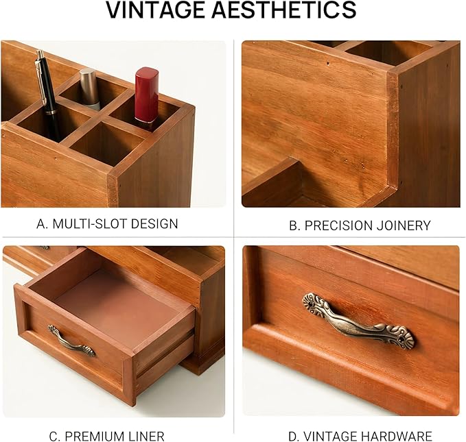 Rustic Wood Makeup Organizer with 2 Drawers, Vintage Tabletop Storage Box for Perfume, Skincare and Beauty Supplies, Thick Wood Design for Office, Bathroom, or Countertop