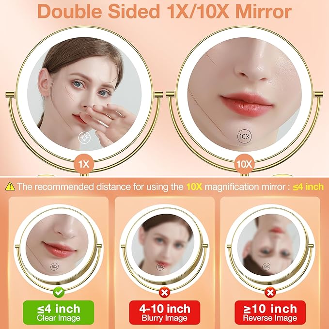 Benbilry 9" Large Wall Mounted Lighted Makeup Mirror, 1X/10X Magnifying 2-Sided AC Plug-in Powered Bathroom Mirror with 3 Color Lights, Touch Dimmable, Extended Arm 360° Rotation, 【Gold】