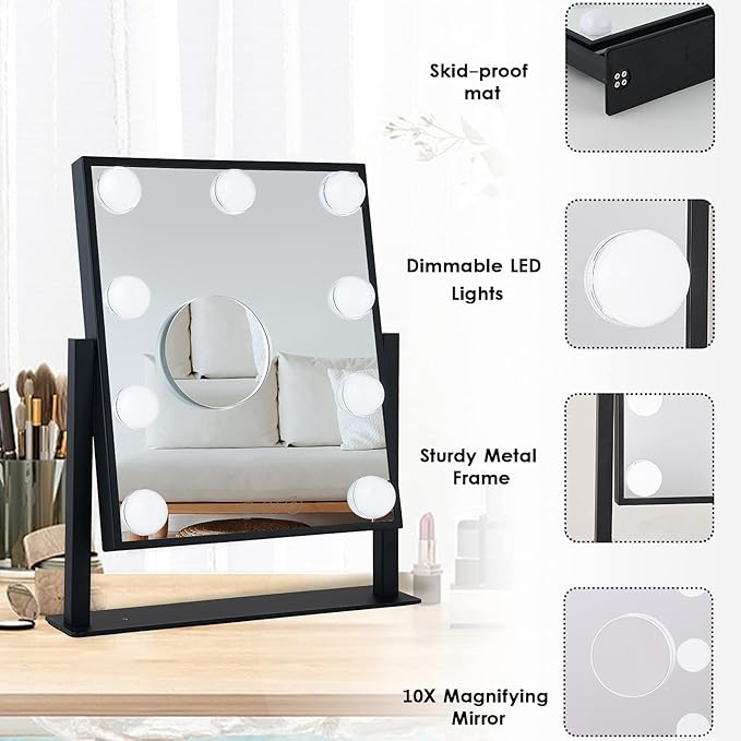 BWLLNI Lighted Makeup Mirror Hollywood Mirror Vanity Mirror with Lights, Touch Control Design 3 Colors Dimable LED Bulbs, Detachable 10X Magnification, 360°Rotation, Black.