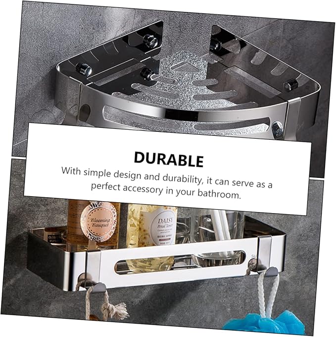 2Pcs Bathroom Shelf No Drill Corner Storage Rack with Hooks Modern Minimalist Design for Kitchen Bathroom High Load Bearing Tripod