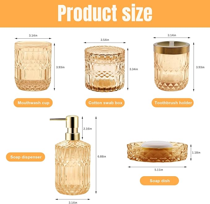5Pcs Golden Bathroom Accessories Set, Glass Bathroom Accessories, Vintage Bathroom Countertop Decoration Includes Soap Dispenser, Toothbrush Holder, Qtip Holder,Soap Dish and Rinsing Cup