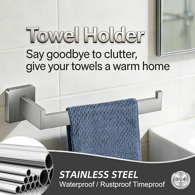 10-Pieces Bathroom Hardware Set Brushed Nickel Bathroom Accessories Set SUS304 Towel Bar Set Includes 2 Towel Bar 16 Inch+2 Towel Holder+2 Toilet Paper Holder+4 Towel Hooks(10, Brushed Nickel)