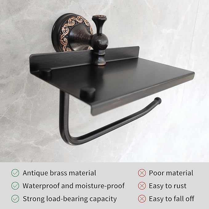 Oil Rubble Bronze Brass Bath Toilet Paper Holder with Phone Shelf, Wall Mounted Black Bathroom Hardware Accessories, Pattern Carving Design
