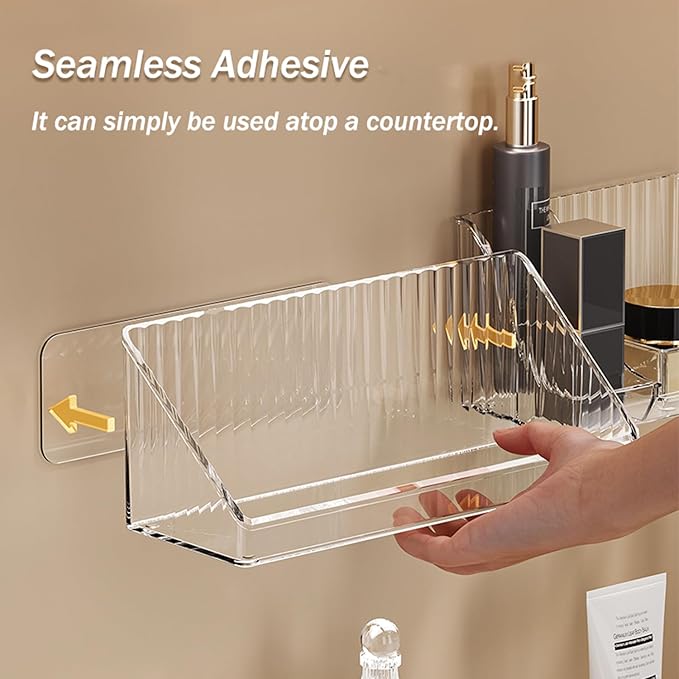 MORNITE 3 Pcs Medicine Cabinet Tray Organizer, Small Adhesive Bathroom Vanity Floating Shelves Storage for Toilet, Mirror, Wall, Countertop, Clear