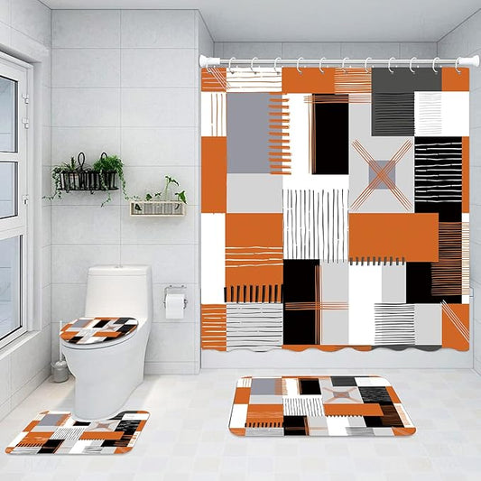All Smiles Fall Shower Curtain Sets with Non-Slip Rugs,Toilet Lid Cover and Bath Mat, Black and Orange Bathroom Decor Set Accessories Waterproof Shower Curtains