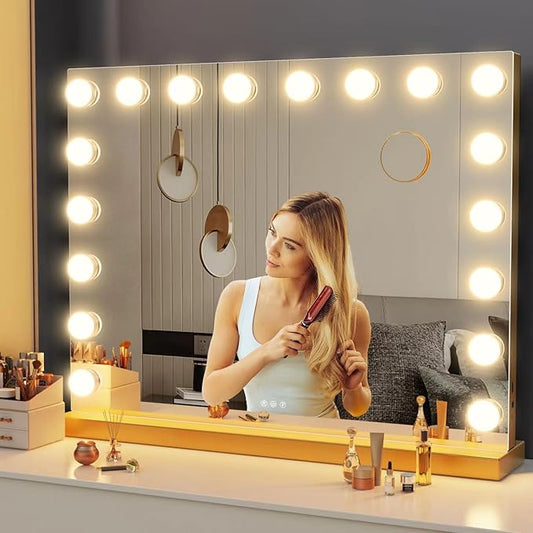 Gvnkvn Vanity Mirror with Lights USB+Type-C Charging, 32WX24L Tabletop Hollyhood Makeup Mirror, Hollywood Lighted Mirror with 18 Dimmable LED Bulbs,3 Colors Modes,Touch Control, Gold