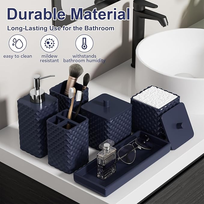 Bathroom Accessories Set Resin 6PCS, Square Toothbrush Holders Set Complete with Soap Dispenser, Vanity Tray, Tumbler, Cups and Cotton Swab Jars (Navy Diamond, Resin Bath 6 PCS)