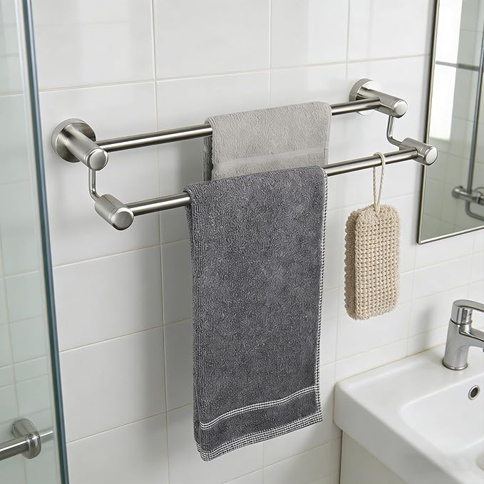 TocTen Double Bath Towel Bar - Thicken SUS304 Stainless Steel Towel Rack for Bathroom, Bathroom Accessories Double Towel Rod Heavy Duty Wall Mounted Towel Holder (Brushed,24IN)