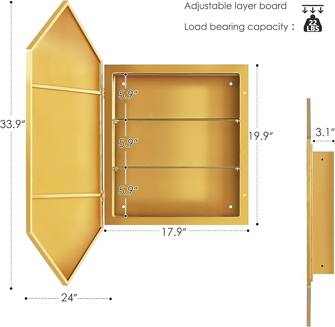 SogesHome Bathroom Medicine Cabinet with Mirror, Hexagon Mirror with 3-Tier Cabinet, Stainless Steel Frame and 2 Shelves for Bathroom, Bedroom, Entryway, Gold