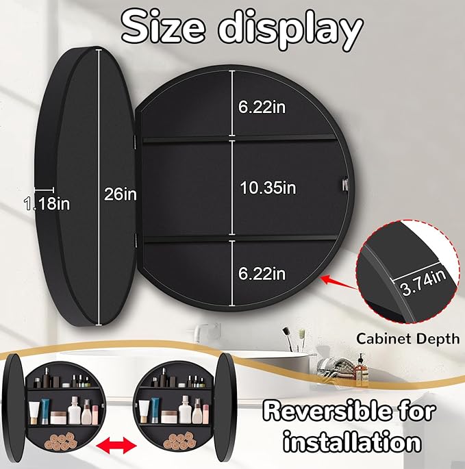 26 Inch Round Medicine Cabinet with Mirror, Black Farmhouse Bathroom Storage Cabinet, Metal Frame Circular Vanity Mirror Cabinet, Surface Mount Only – Ideal for Master Bathrooms