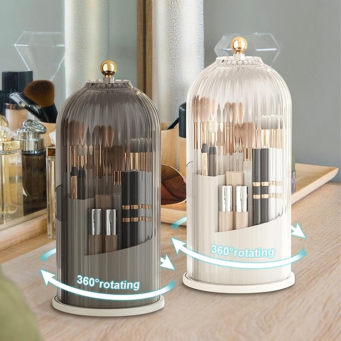 Qivine Makeup Brush Organizer, Cosmetics Make Up Brush Holder Organizer with Acrylic Lid, 360° Rotating Makeup Organizer for Vanity Countertop, Bathroom Make Up Organizers for Counter