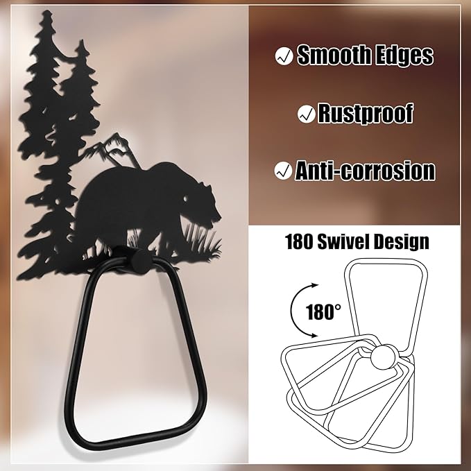Peryiter 3 Pcs Bear Towel Holder Rustic Towel Racks Cabin Bathroom Decor Black Bear Deer Wipe Ring Wall Decorations Farmhouse Kitchen Gifts