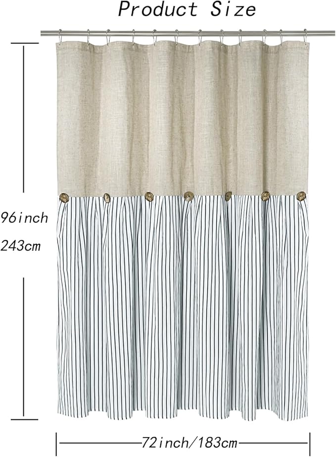 Farmhouse Shower Curtain,Beige and Blue Stripe,Button Curtain,Linen and Cotton Woven Fabric,Rustic Charm Country Chic Style,72x96 in