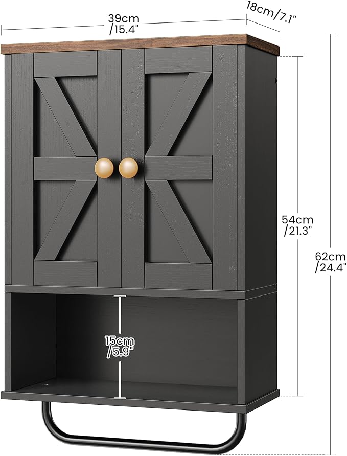 CHOEZON Bathroom Wall Cabinet, Medicine Cabinet with Open Partition and Towel Bar, Rustic Storage Cabinet with Open and Hidden Storage Space, for Bathroom, Living Room, Kitchen, Black and Walnut