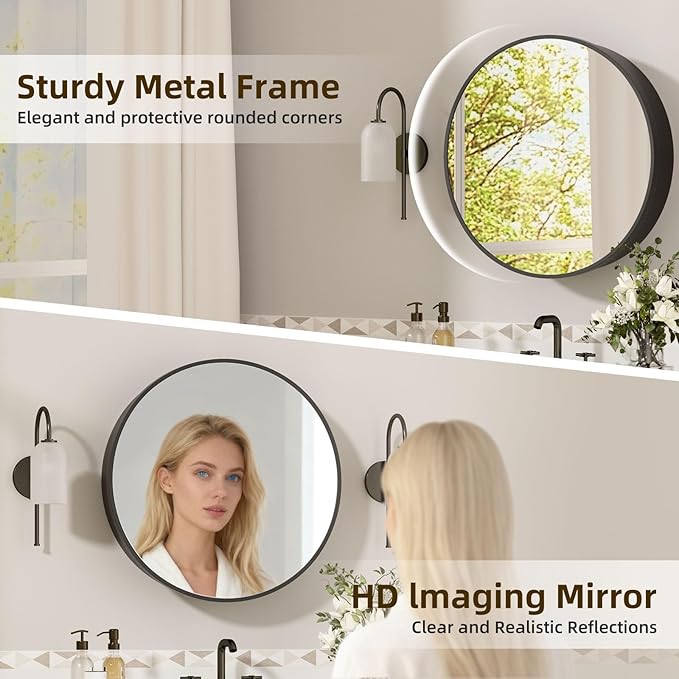 24 x 24 Inch Round Medicine Cabinet Mirror Black,Circular Bathroom Mirror with Storage Wall Mounted,Metal Framed Medicine Cabinets with Tempered Glass Adjustable Shelves for Bathroom Vanity