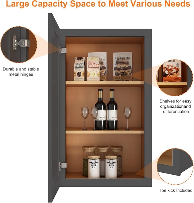 ROOMTEC Wood Wall Cabinet,RTA Single Door Medicine Cabinet with Adjustable Shelves and Soft-Close Door for Kitchen, Bathroom, and Laundry. 12" D*18" W*36" H, Shaker Grey