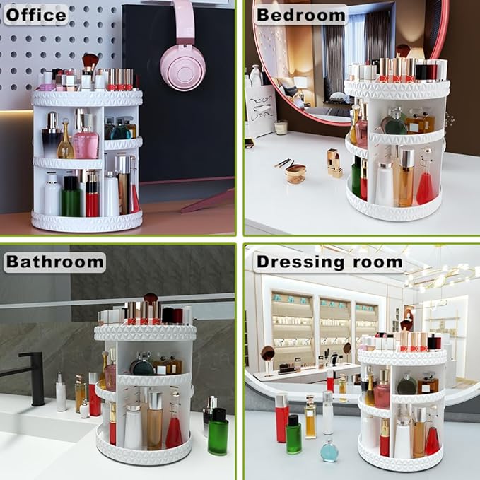 360 Rotating Makeup Organizer, DIY Adjustable Makeup Carousel Spinning Holder Storage Rack, Large Capacity Vanity Organizer Skincare Organizers (White)
