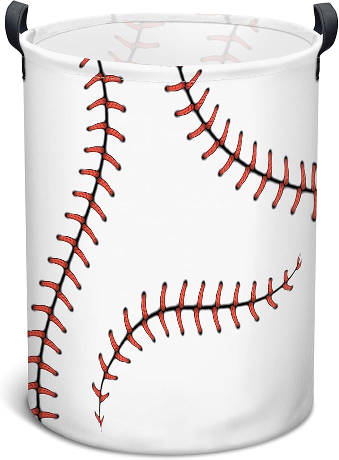 Baseball Laundry Basket, Collapsible Waterproof Oxford Cloth Laundry Hamper, Funny Round Kids Toys Storage Basket as Room Decor, Dirty Clothes Hamper for Bedroom Bathroom Dorm